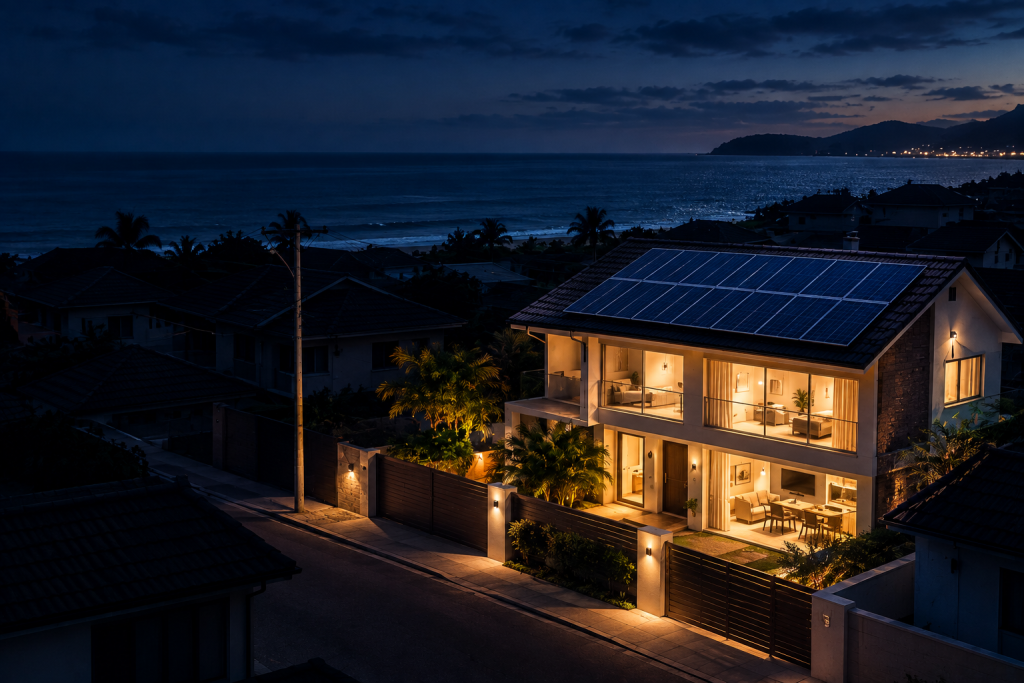 Casa iluminada com painéis solares durante apagão no litoral