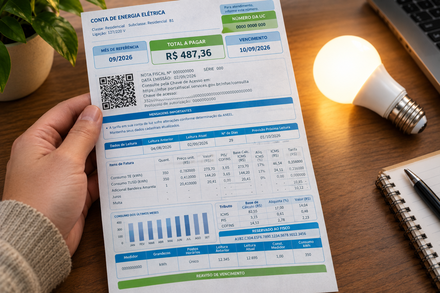 Lâmpada acesa sobre conta de energia elétrica representando economia de energia e redução da conta de luz